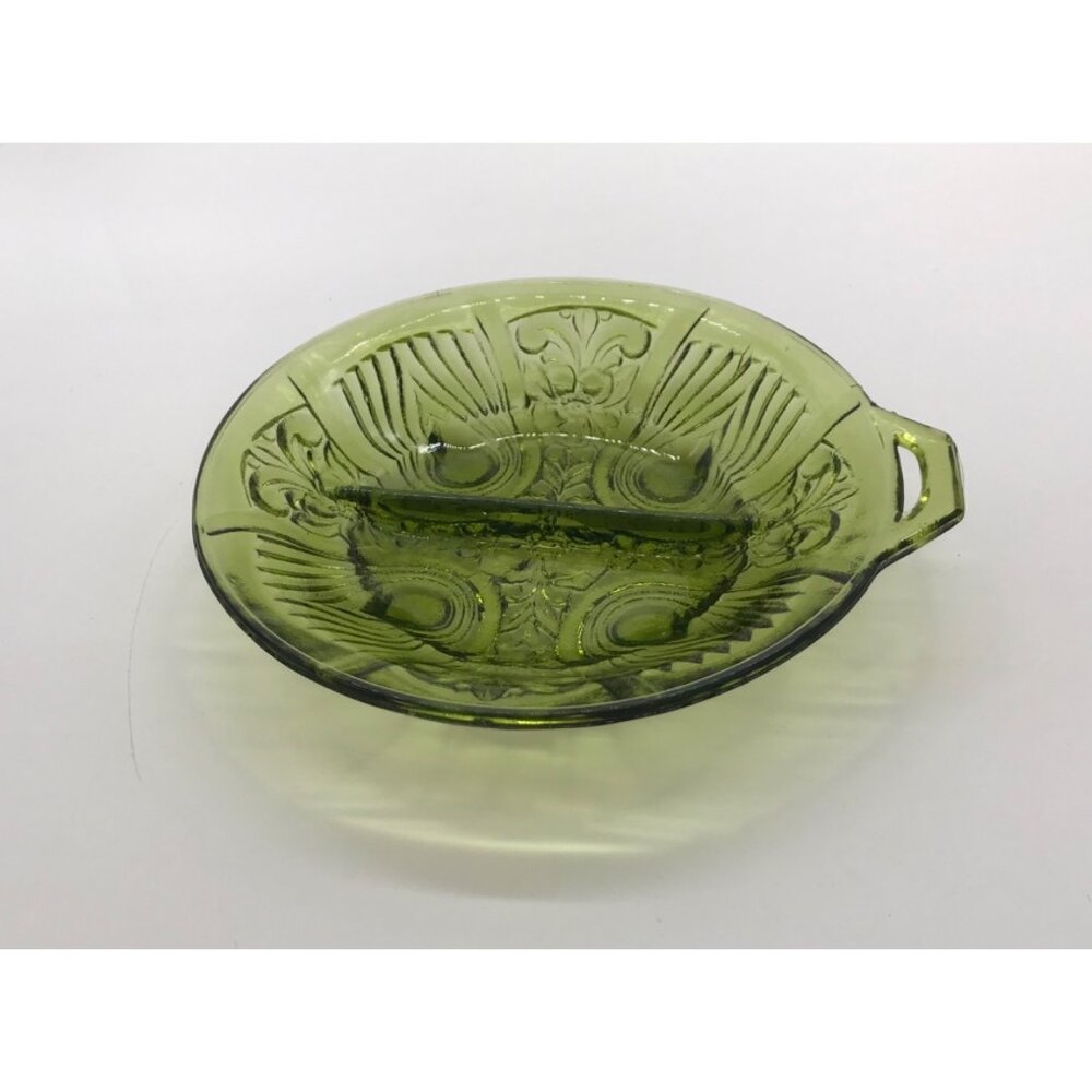 Vtg MCM Indiana Glass Avocado Green "Killarney" Divided Trinket/Nut Dish/Ashtray